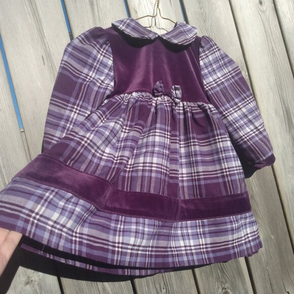 Vintage 80s Girls Dress Purple Plaid Velour 90s Prairie Pioneer Long Sleeves - Picture 5 of 10